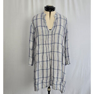 CP Shades Linen Tunic Top Women's XL Checked Roll Tab Sleeve